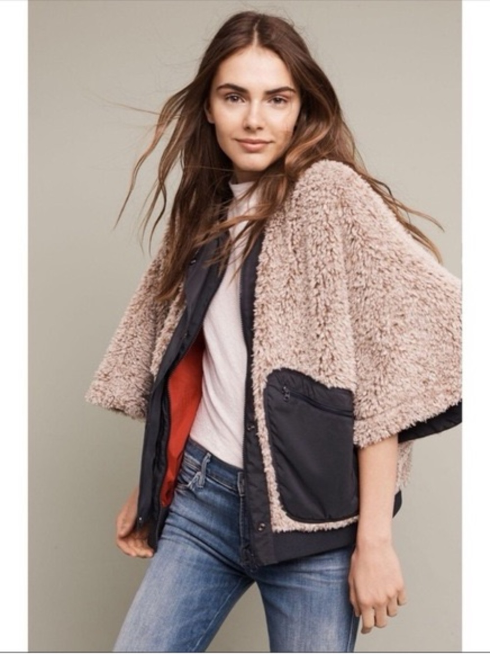 Pilcro Taupe Faux-Shearling Cape Jacket with Black Trim